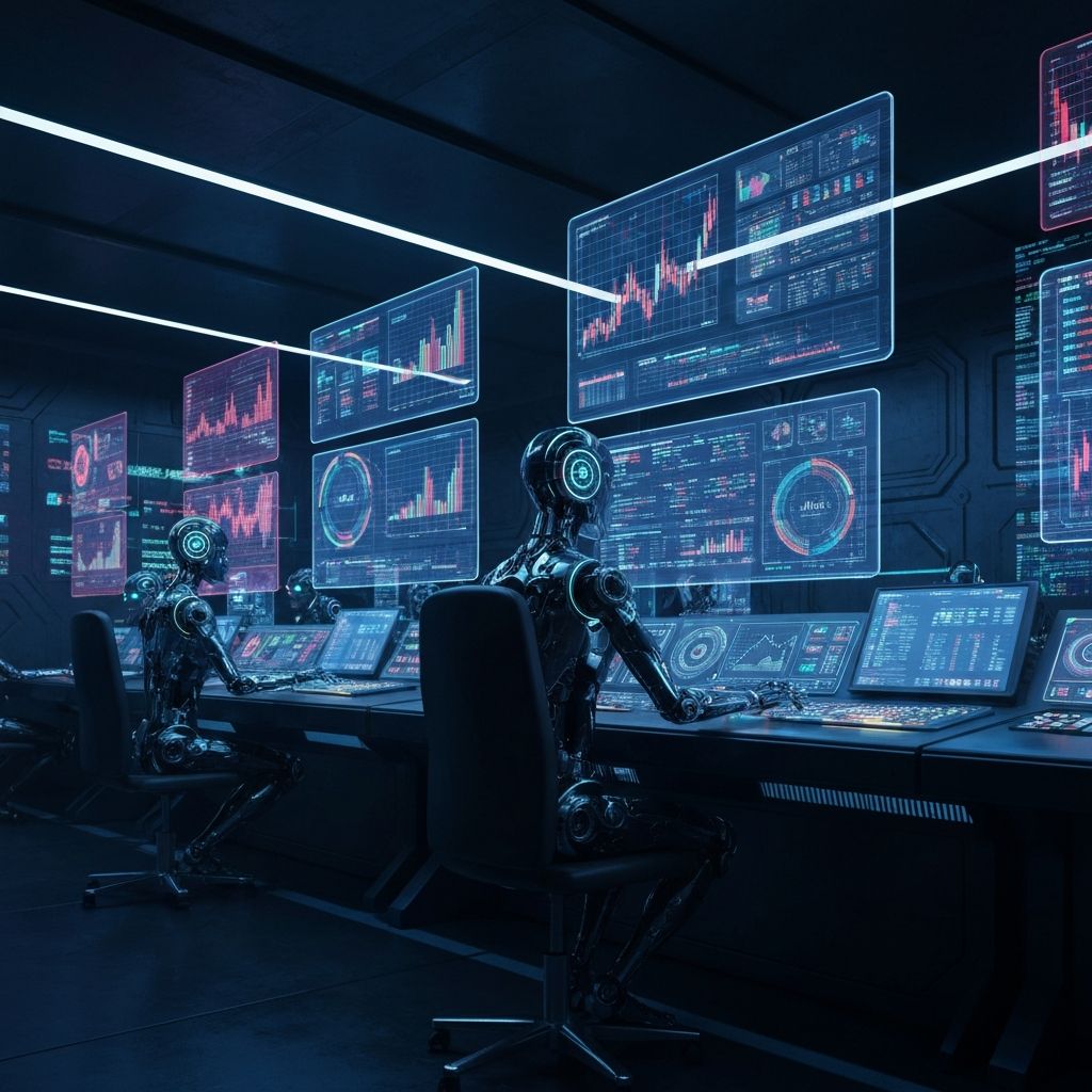 AI e robots gerenciando sistemas financeiros